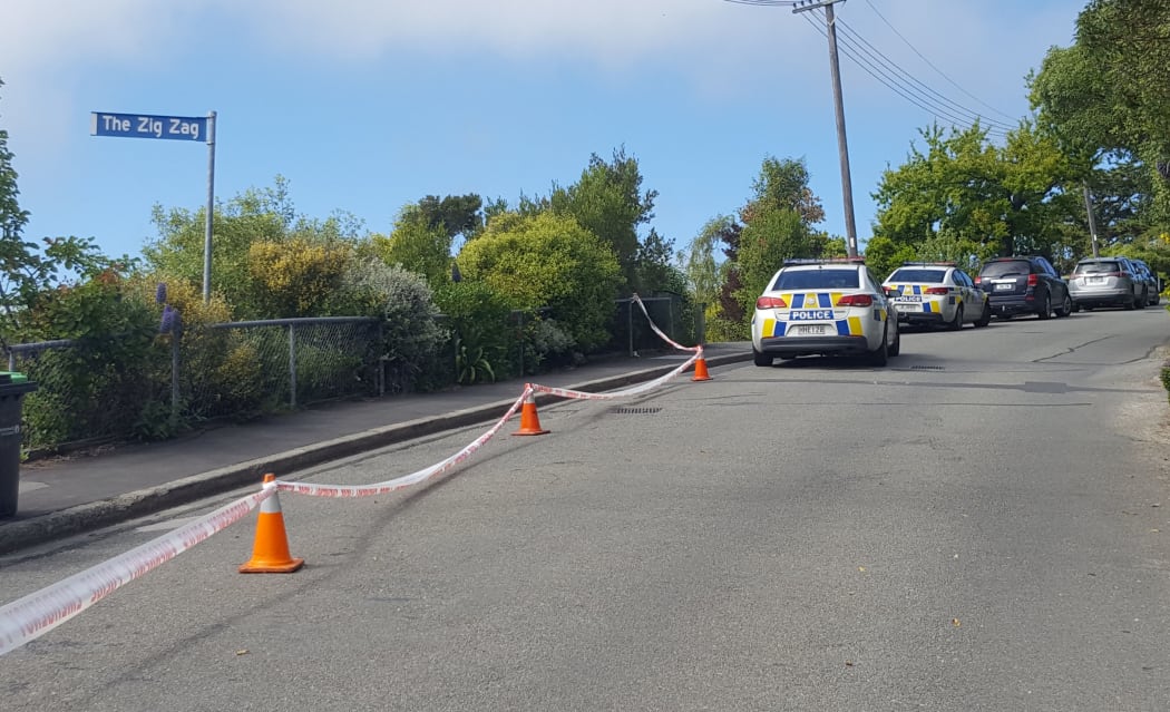 The police cordon on Clifton Road, Sumner in Christchurch.