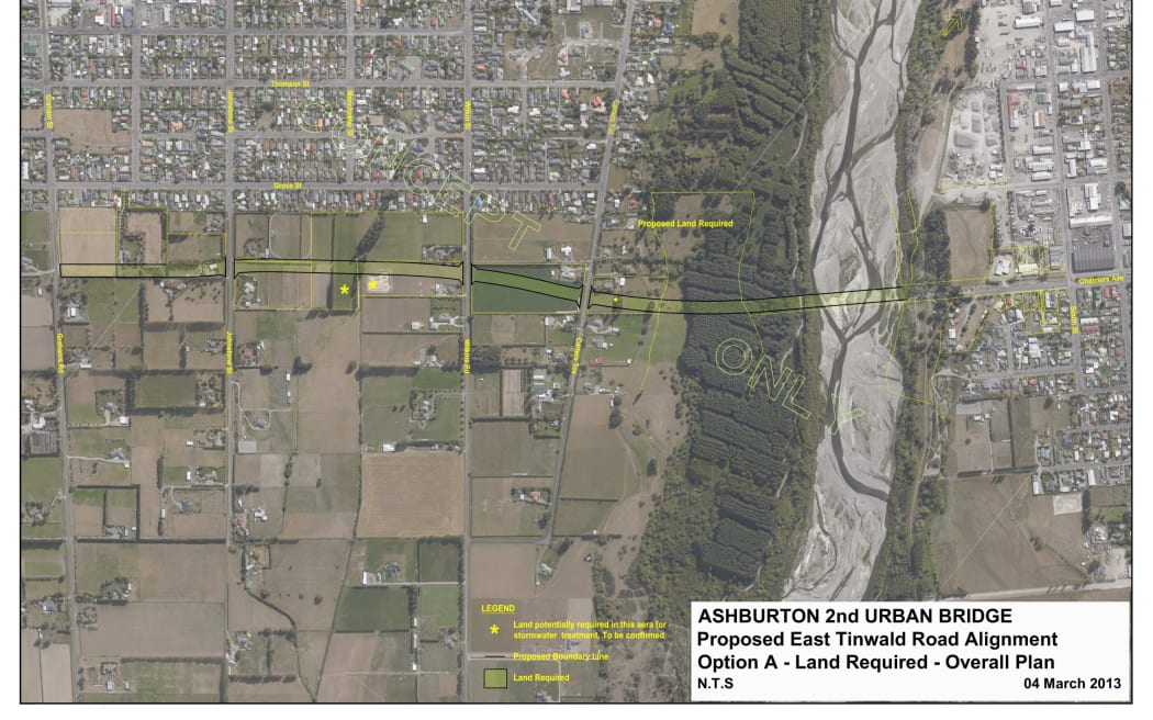 Road-Alignment-Second-Bridge-Option-A: The proposed route of the second bridge on the Tinwald side of the river. SUPPLIED