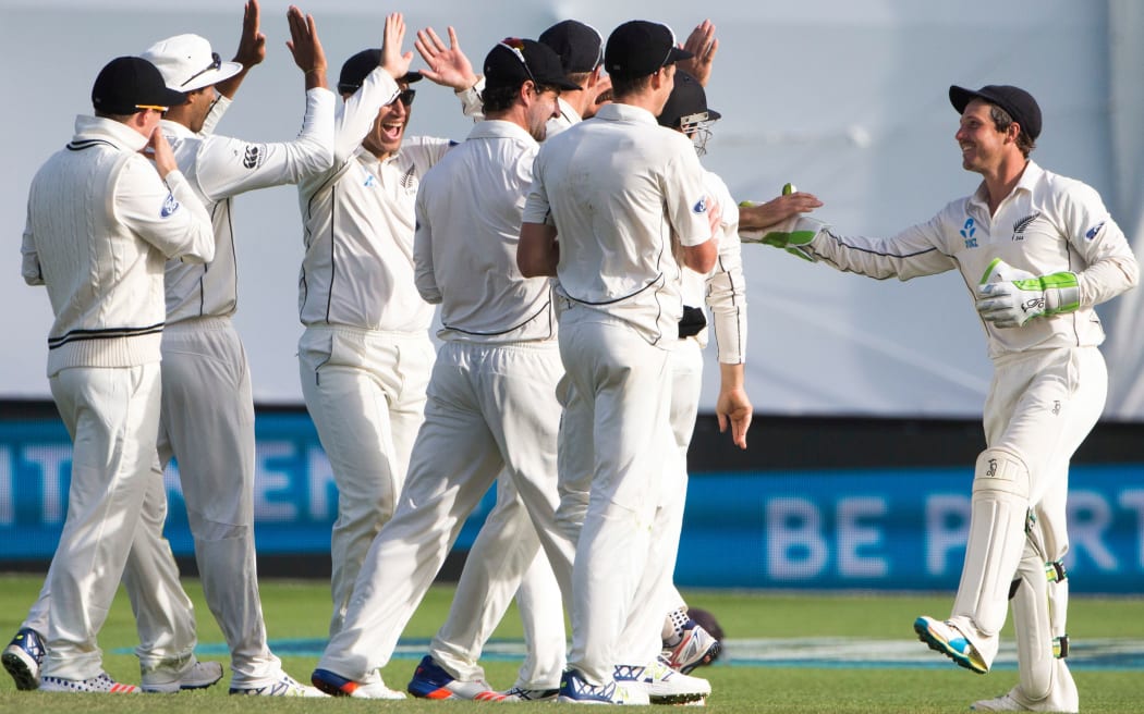 New Zealand celebrate a wicket.
