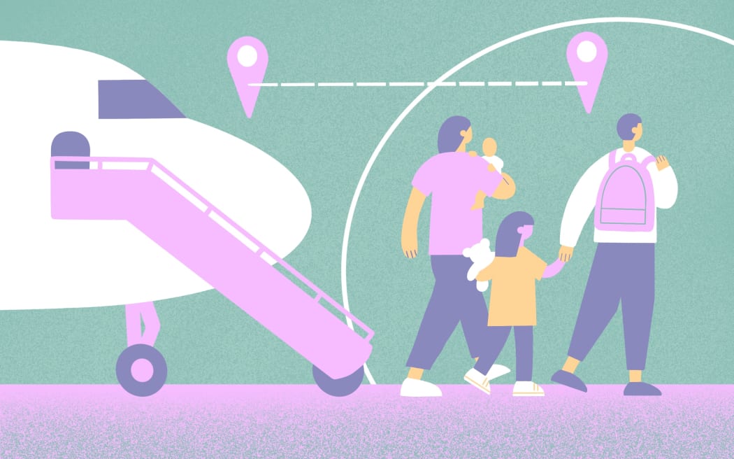 Stylised illustration of a family of four leaving a plane