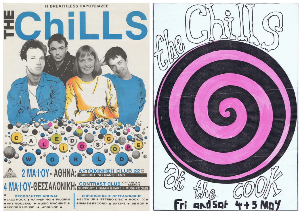 Poster for The Chills tour in Greece &  the poster for The Chills' show at The Cook in Dunedin.