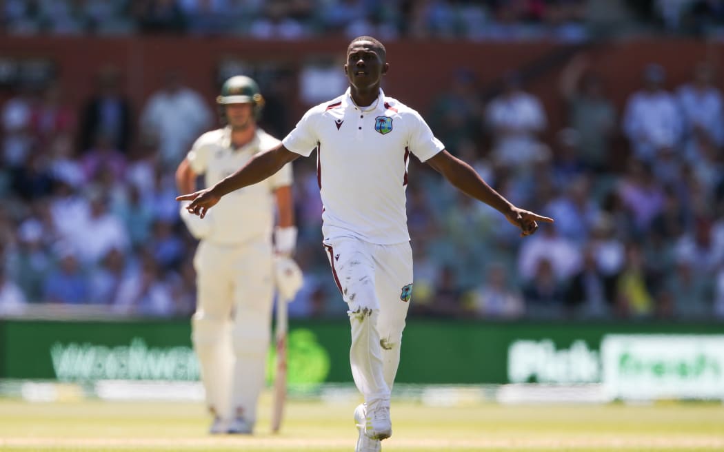 Shamar Joseph of the West Indies celebrates