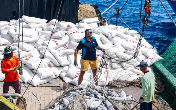 Marshall Islands fisheries advisor Francisco Blaha on the deck of a purse seine fishing vessel in Majuro during tuna transshipment operations in this 2019 file photo. He is one of the contributors to the recently released study on IUU fishing in the western Pacific.