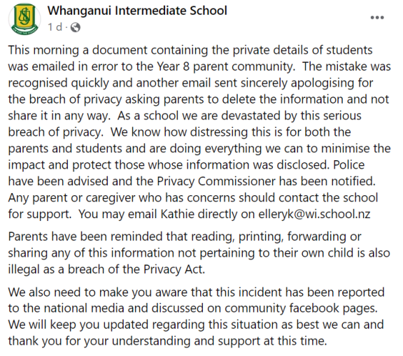 Whanganui Intermediate has apologised after mistakenly sending parents private details of students.