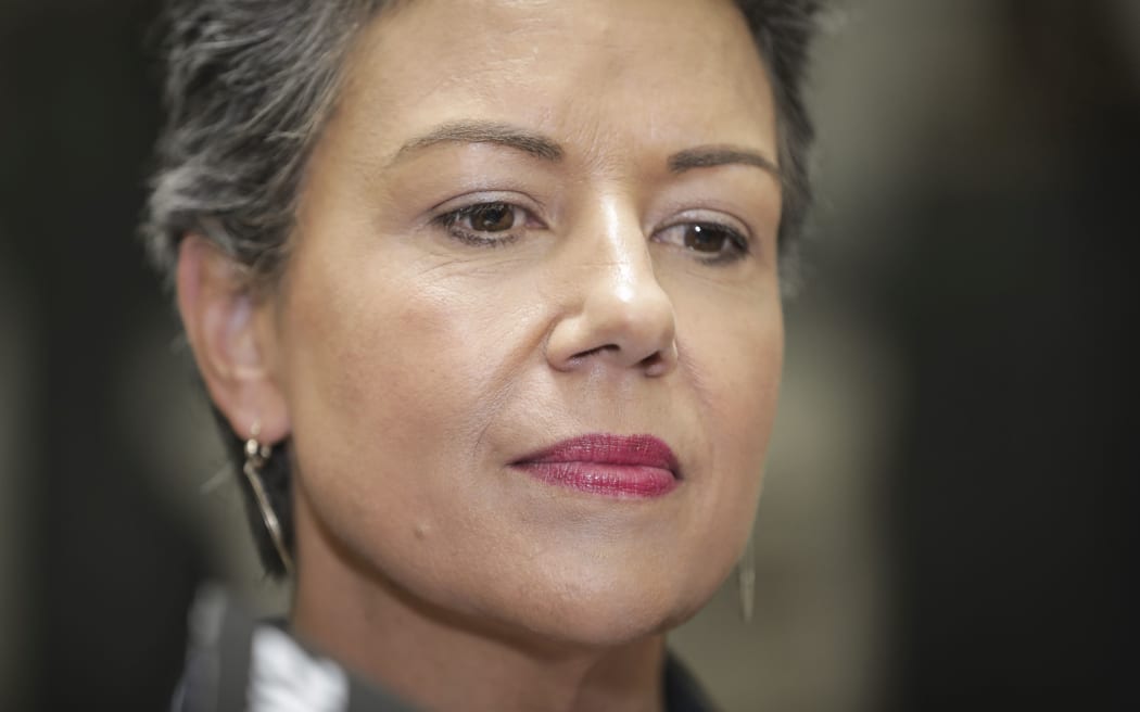 Paula Bennett as she stood with National Party Leader, Simon Bridges, while he spoke to media about Jami-Lee Ross.
