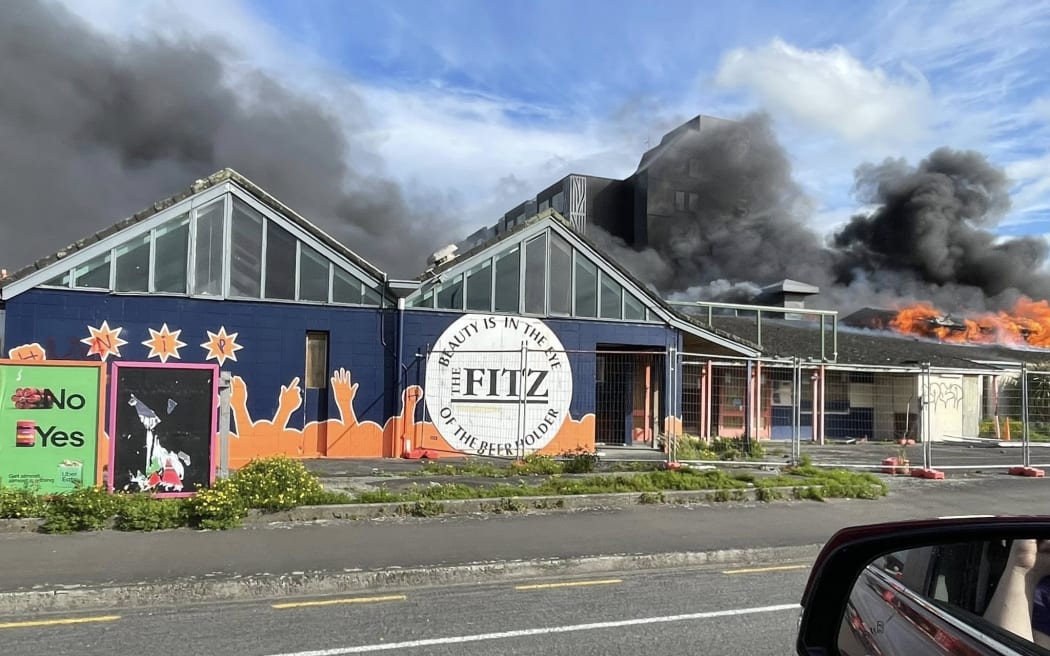 Fire and Emergency are responding to a large fire at the old Fitzherbert Tavern on Ferguson Street in Palmerston North.