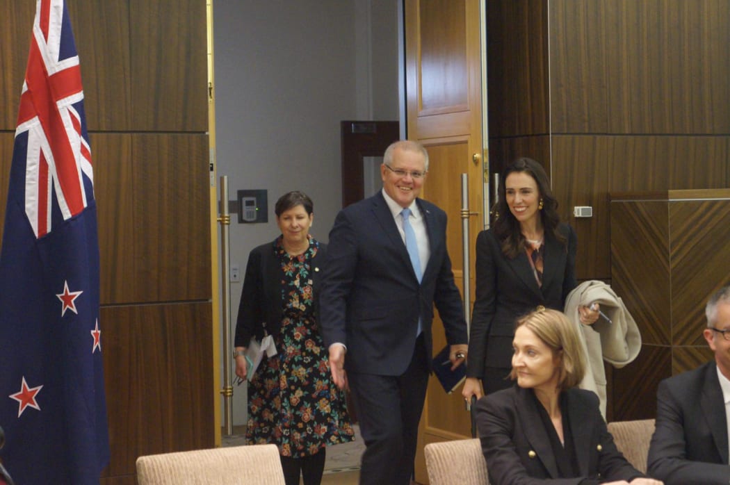 Australian Prime Minister Scott Morrison with New Zealand Prime Minister Jacinda Ardern head into a meeting in July, 2019.