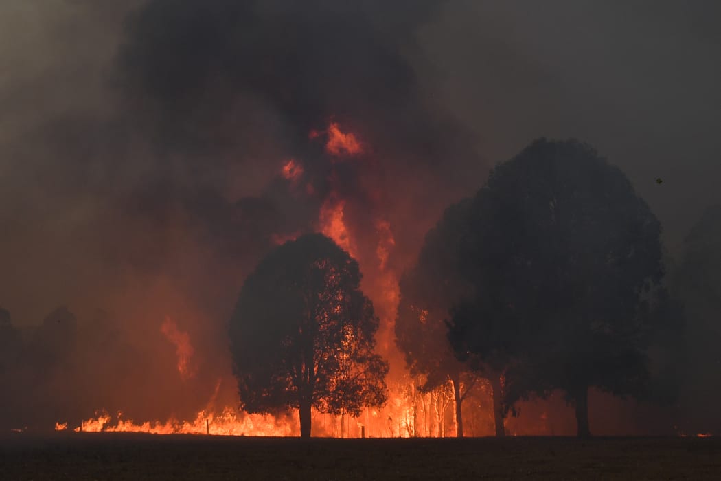 Smoke and flames rise from burning trees as bushfires hit the area around the town of Nowra in New South Wales on December 31, 2019.