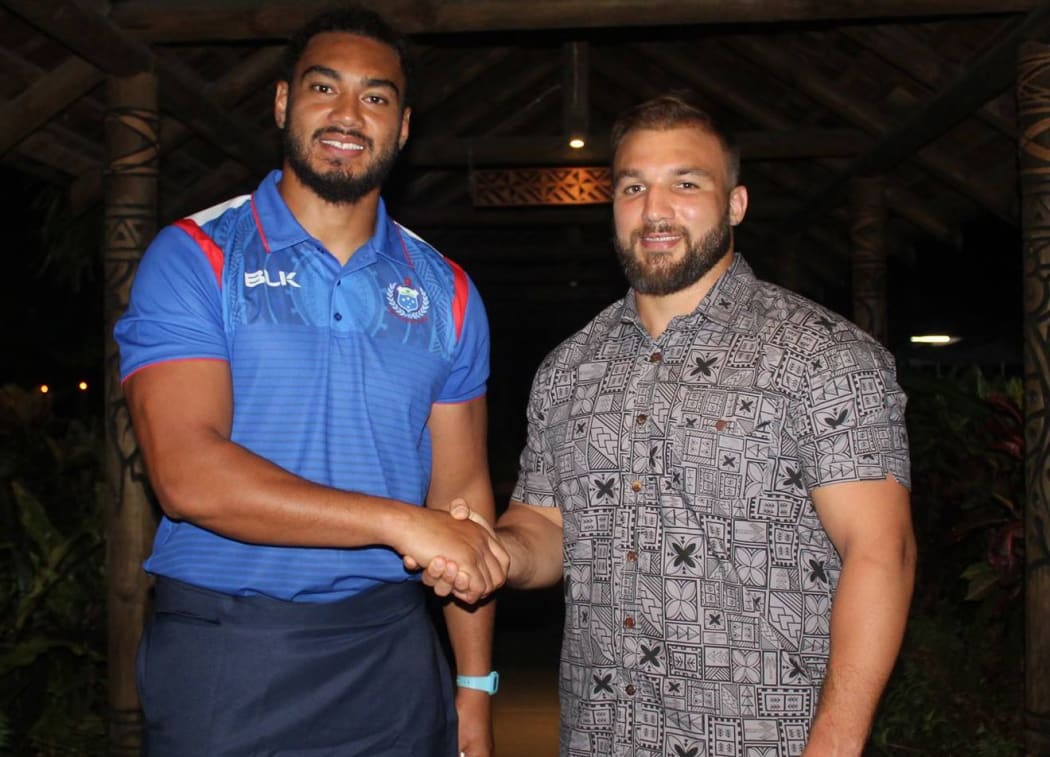 Manu Samoa captain Chris Viu, (left), and his German counterpart Julius Nostadt