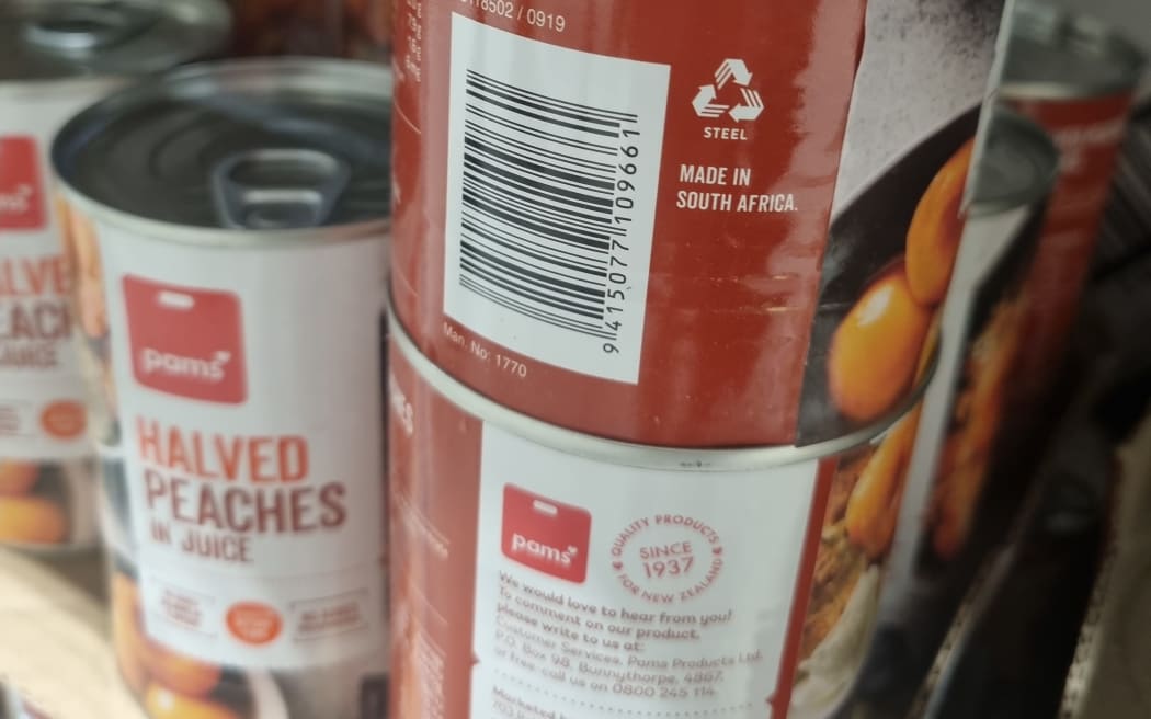 Pams canned peaches from South Africa, spotted in a Christchurch Pak'n Save supermarket.