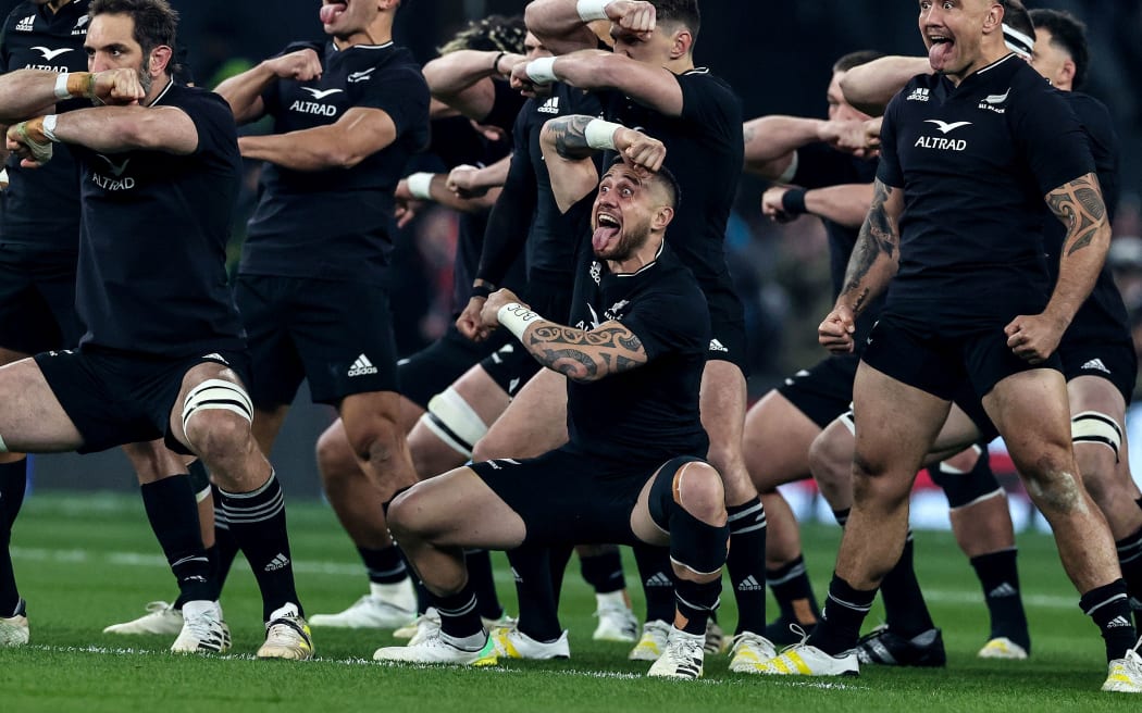 New Zealand's TJ Perenara during the haka against England, 2022.