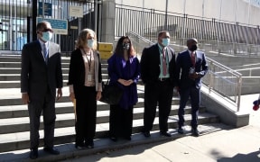 Officials of Taiwan's diplomatic allies speak to reporters outside the United Nations Headquarters in New York City, 10 October, 2020.