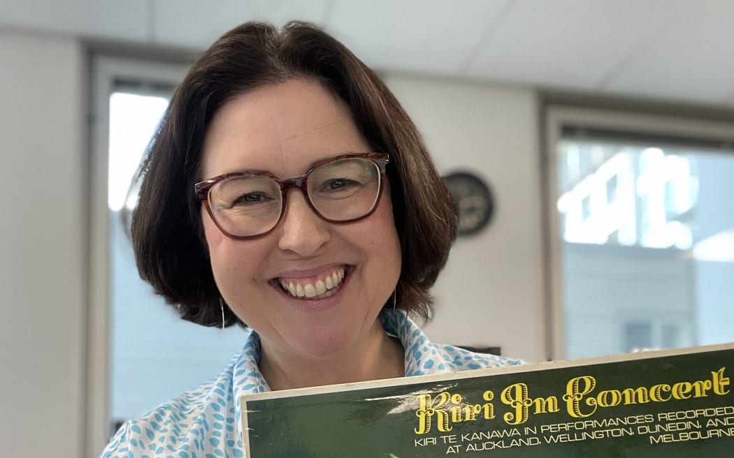 RNZ Concert presenter Clarissa Dunn with Dame Kiri Te Kanawa treasures from RNZ's basement archive.