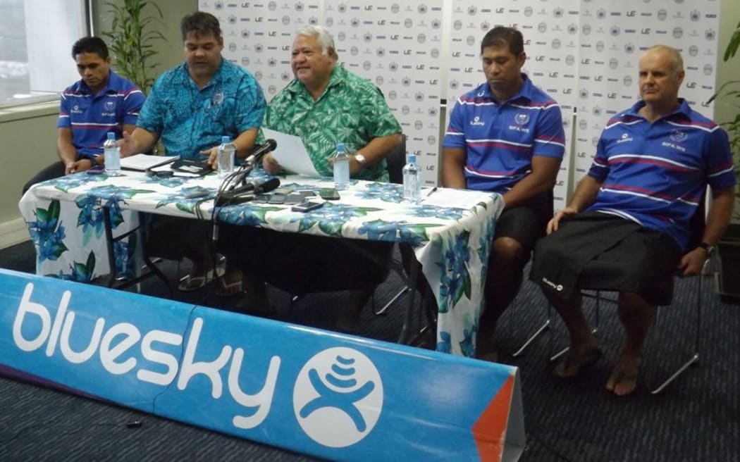 The Manu Samoa captain and coach are joined by the Union Chair and Prime Minister Tuilaepa Sailele Malielegaoi for the team naming.
