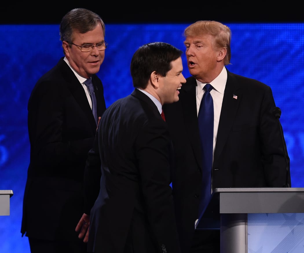 Republican presidential candidates, from left, Jeb Bush, Marco Rubio and Donald Trump after the debate.