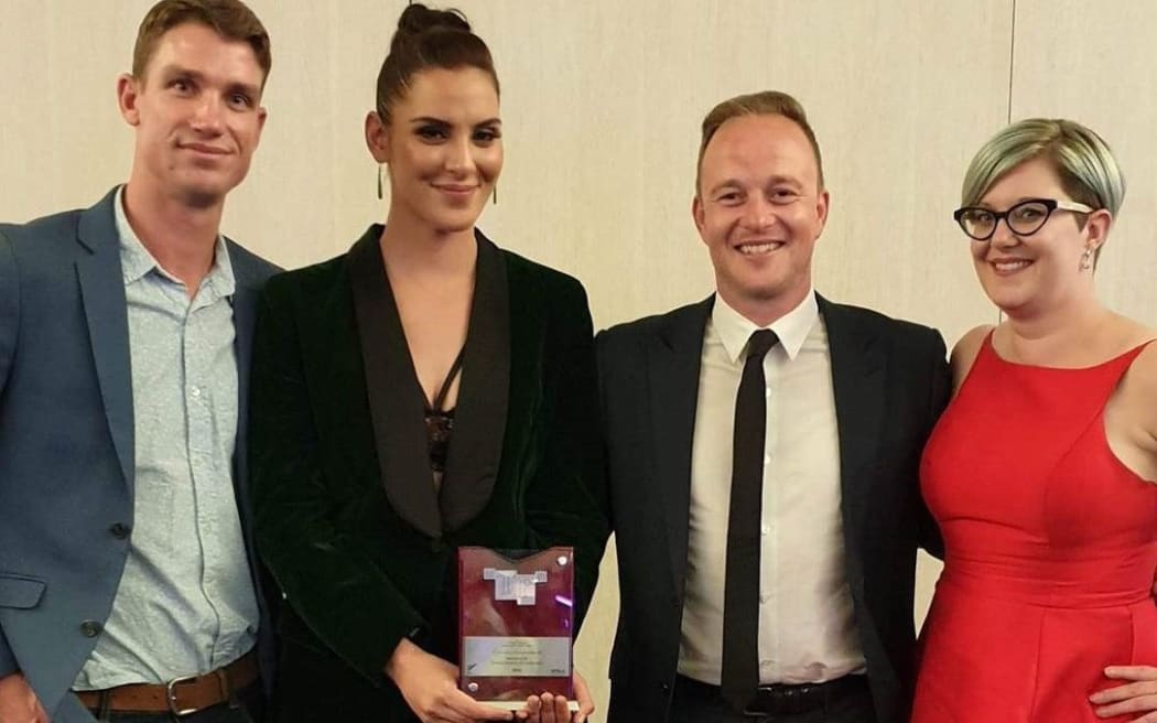 RNZ's Clay Wilson (L), Ravinder Hunia (ML), Joe Porter (MR) and Zoe George (R) at the 2018 T P McLean awards.