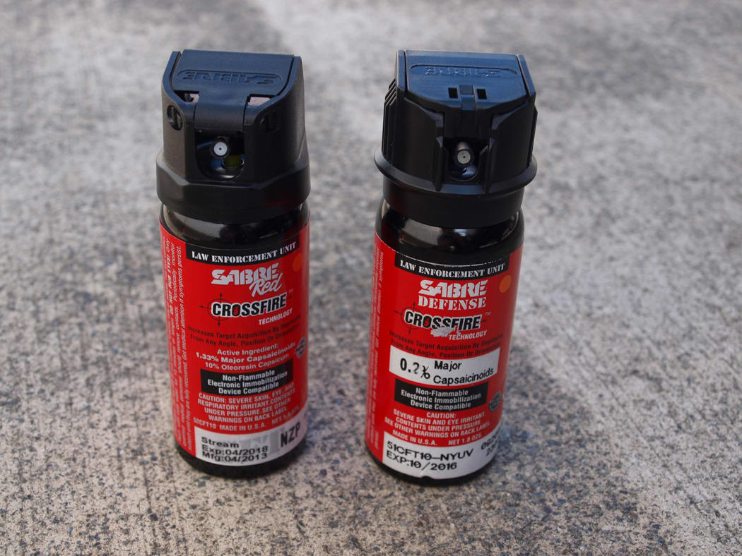 The Sabre Red spray (left) recently trialled is six times more concentrated than the Sabre Defence spray.