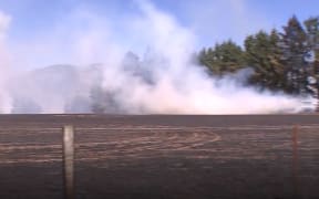Footage of firefighters tackling a large scrub blaze near Cheviot in North Canterbury.