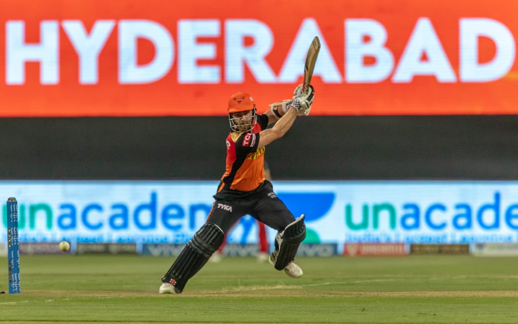 Kane Williamson captain of Sunrisers Hyderabad plays a shot during match 52 Indian Premier League against the Royal Challengers Bangalore at the Sheikh Zayed Stadium, Abu Dhabi in the United Arab Emirates on the 6th October 2021.