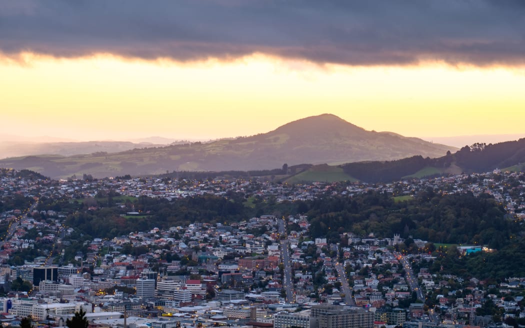 Beautiful cityscape after sunset. Nightlight. Dunedin, New Zealand.