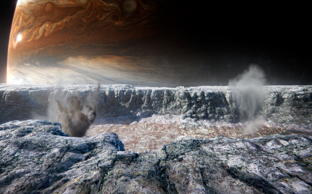 Plumes of salty water erupt from Jupiter's icy moon Europa - a strong candidate in the search for life beyond Earth. (VFX image)