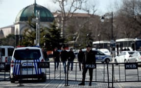 Police block access to the Blue Mosque area after the bomb attack.