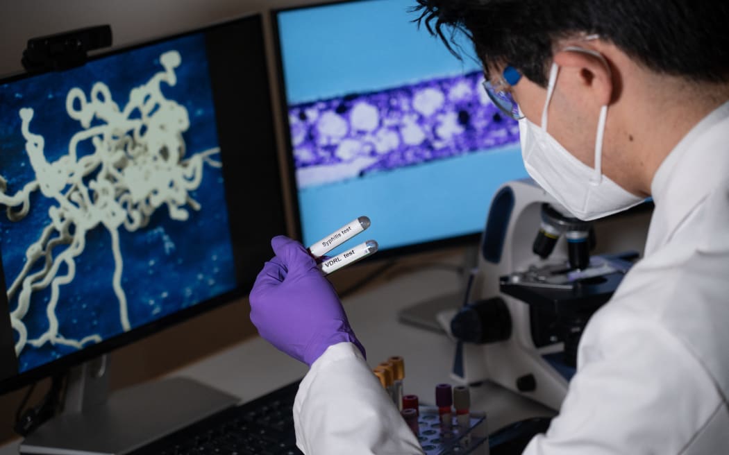 Syphilis test. Blood test for syphilis caused by the bacterium treponema pallidum or pale treponema. This infection is sexually transmitted.