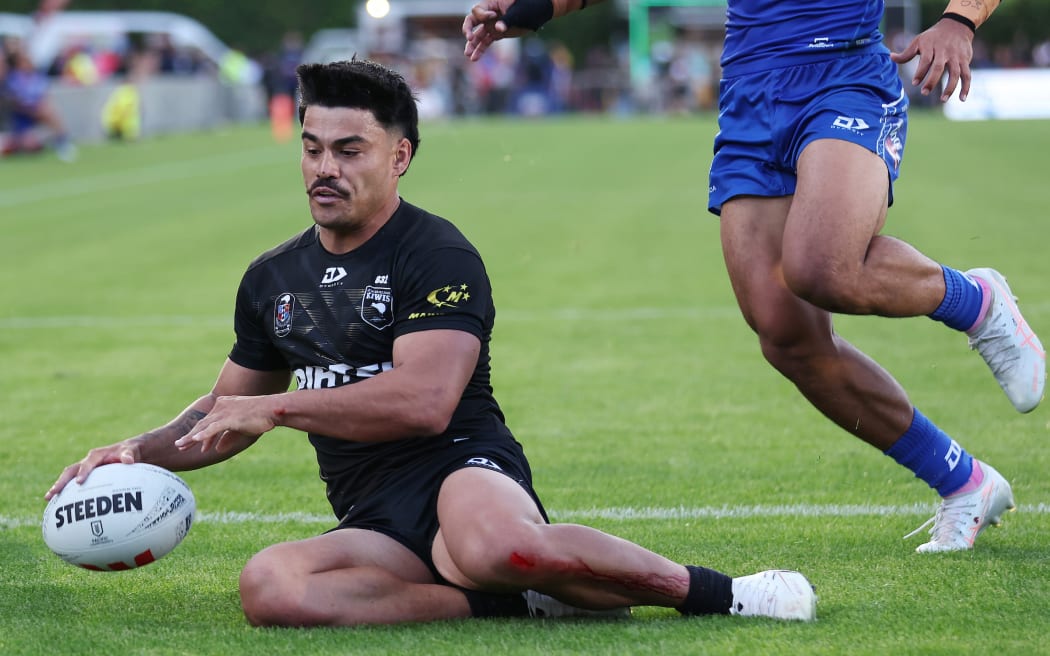 Matthew Timoko of the Kiwis
Scores a try during New Zealand Kiwis  v Toa Samoa,  round 1 of the Pacific Championships at Go Media Stadium, Auckland, New Zealand on Sunday 19 October 2025.
Photo: Fiona Goodall / Photosport