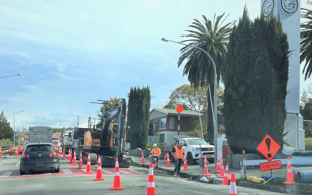 Road workers carry out water pipe maintenance and two raised crossings were being installed on State Highway 2 in September, 2023.