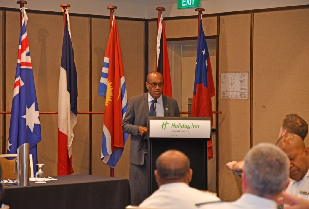 Fiji's Acting Defence Minister Jone Usamate addresses representatives of maritime forces in Suva.