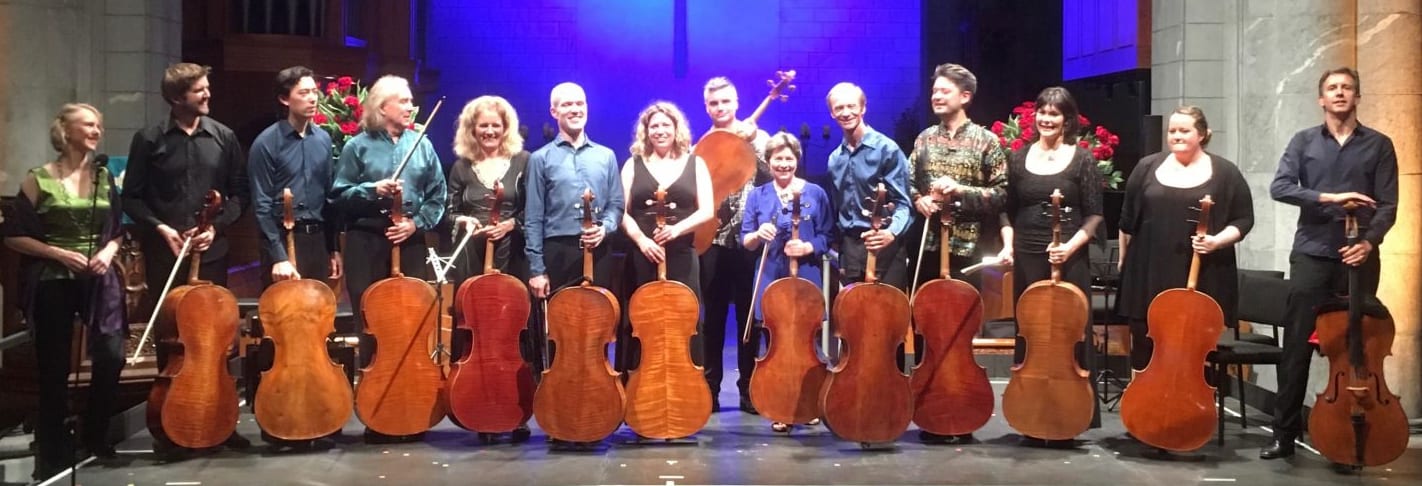 The cellists of the 2017 Adam Chamber Music Festival with soprano Jenny Wollerman (left)