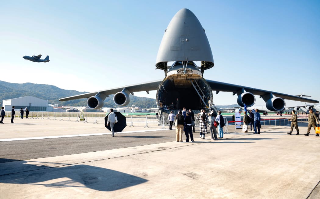 A US Air Force C-5M Super Galaxy transport aircraft, manufactured by Lockheed Martin on display during the Seoul International Aerospace &amp; Defense Exhibition (ADEX) at Seoul Air Base on October 17, 2023 in Seongnam, South Korea. Seoul ADEX is the largest, most comprehensive trade show in Northeast Asia and it is hosted by Korea Aerospace Industries Association (KAIA), Korea Defense Industry Association (KDIA) and Korea Trade-Investment Promotion Agency (KOTRA).  (Photo by Chris Jung/NurPhoto) (Photo by Chris Jung / NurPhoto via AFP)