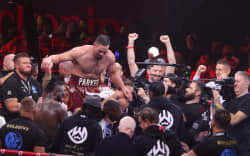 New Zealand’s Joseph Parker celebrates defeating American Deontay Wilder in their heavyweight boxing match in Riyadh, Saudi Arabia.