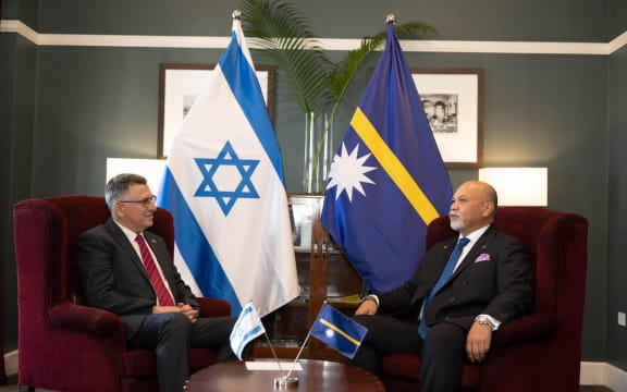 Israeli foreign minister Gideon Saar and Nauru foreign minister Lionel Aingimea.