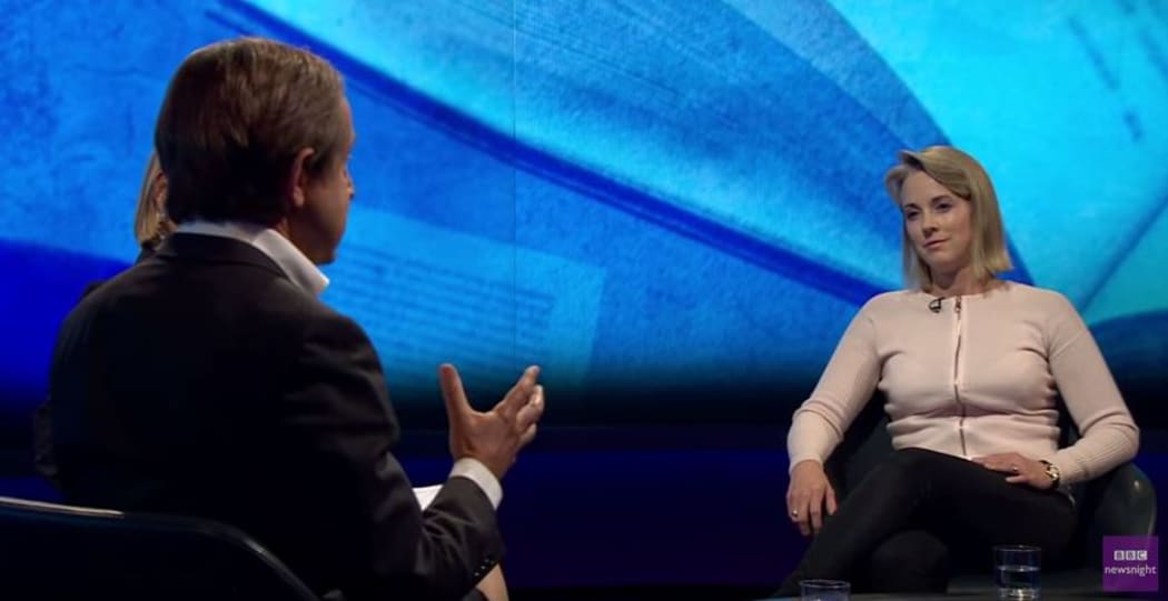 screenshot of author Isabel Oakeshot grilled by biographer Anthony Seldon on the BBC's Newsnight show.