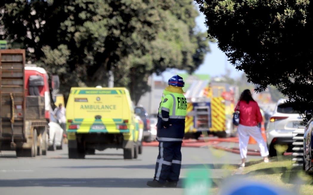Emergency services are at the scene of a large blaze at a waste facility in Onehunga on 7 February 2024.