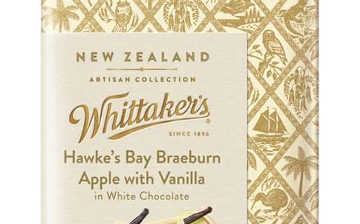 Whittaker's Hawke’s Bay Braeburn Apple with Heilala Vanilla in 28% cocoa White Chocolate, from their artisan range