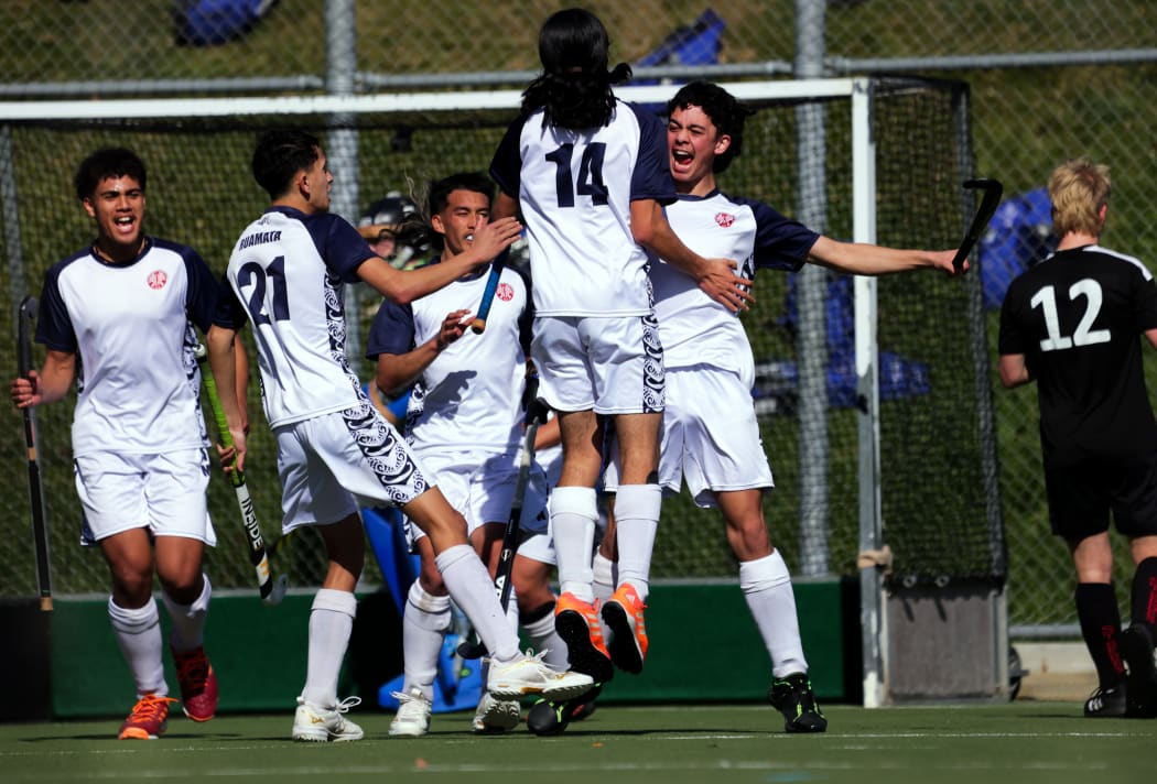 St Bede's College v Te Kura Kaupapa Maori o Ruamata. 2023 Rankin Cup tournament at National Hockey Stadium in Wellington, New Zealand on Tuesday, 29 August 2023. Photo: Dave Lintott / lintottphoto.co.nz