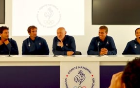 (Left to right) Jérémy Florès, Joan Duru, Jacques Lajuncomme, Kauli Vaast and Vahine Fierro at a press conference in Paris on Monday 24 June 2024
