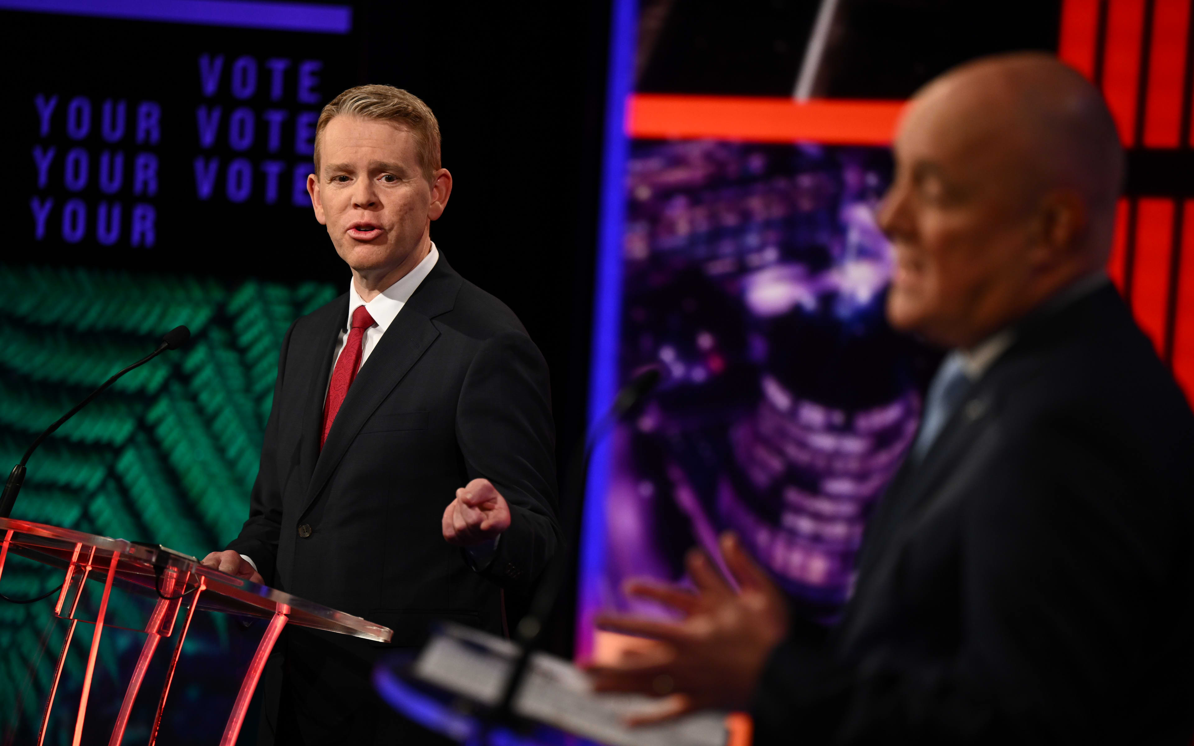 Christopher Luxon and Chris Hipkins at the TVNZ debate, hosted by Jake Tame, Oct 6 2026
