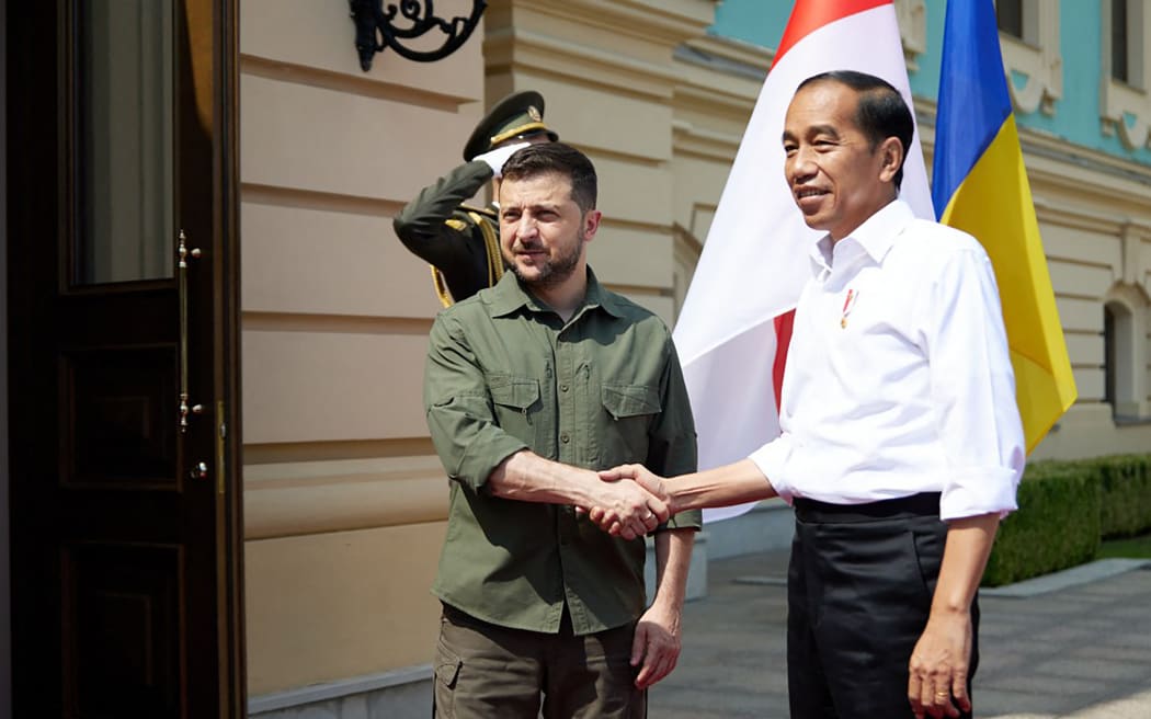 Ukrainian President Volodymyr Zelensky (left) and his Indonesian counterpart Joko Widodo shaking hands during their talks in Kyiv on June 29, 2022.