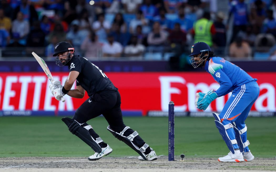 Daryl Mitchell batting against India in the side's pool game loss in Dubai.