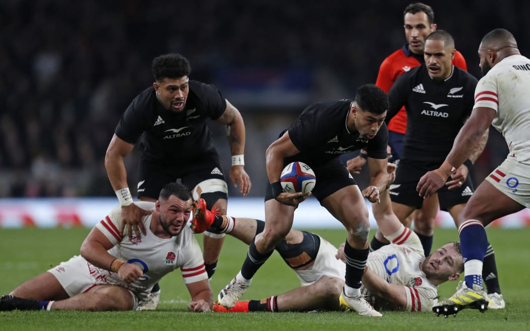All Black Richie Mo'unga on the ball during the Autumn Nations Series International rugby union match between England and New Zealand at Twickenham stadium.