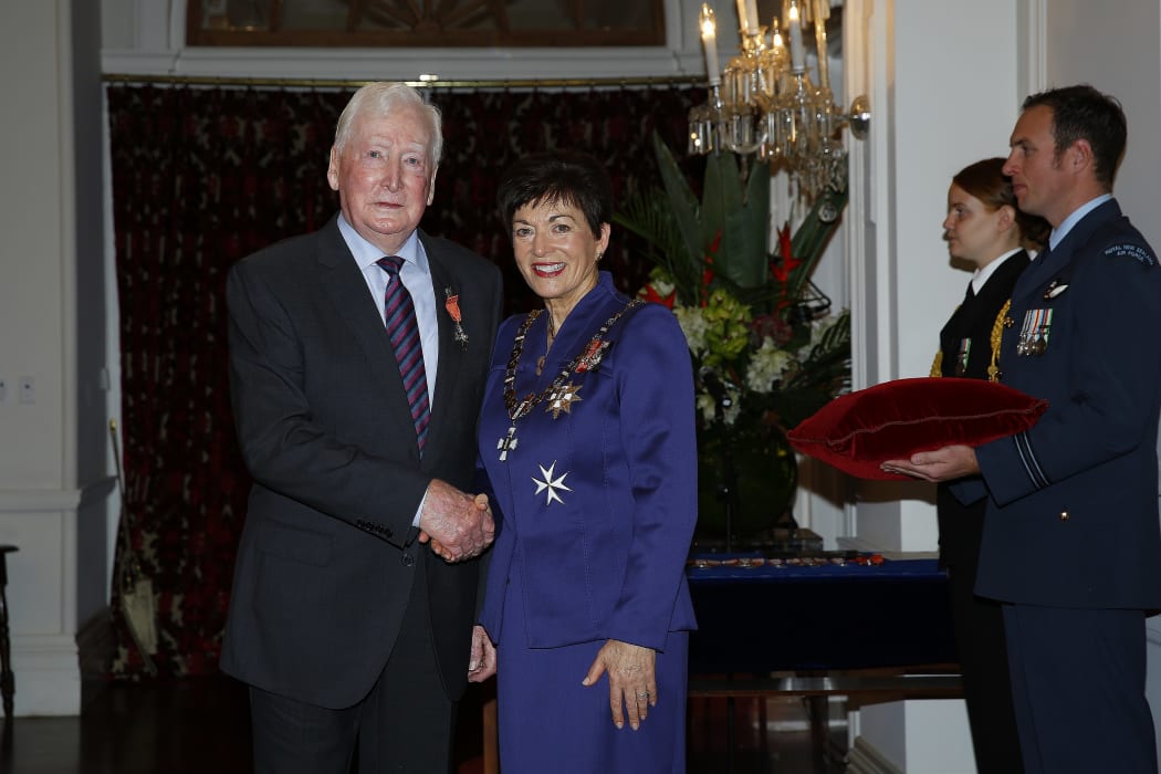 Philip Sherry after his investiture as MNZM, for services to local government and broadcasting, with Governor General Dame Patsy Reddy on 16 May 2018