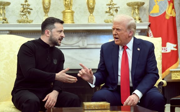 US President Donald Trump and Ukraine's President Volodymyr Zelensky meet in the Oval Office of the White House in Washington, DC,  28 February, 2025.