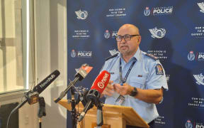 Otago Coastal Area Commander Inspector Marty Gray addresses media during a stand up following a fatal stabbing incident in Dunedin yesterday.