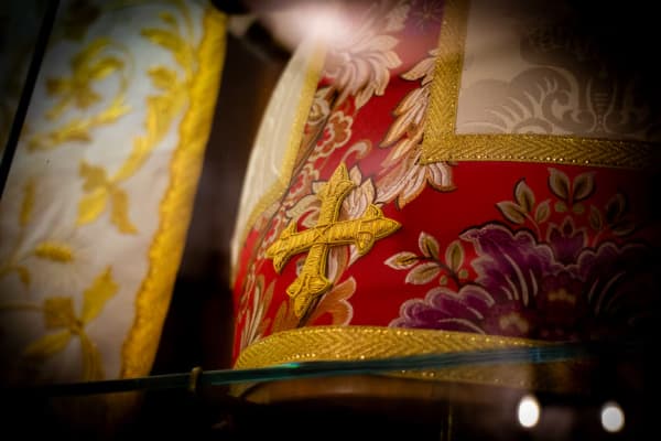 Papal regalia displayed at the Gammarelli shop in central Rome.