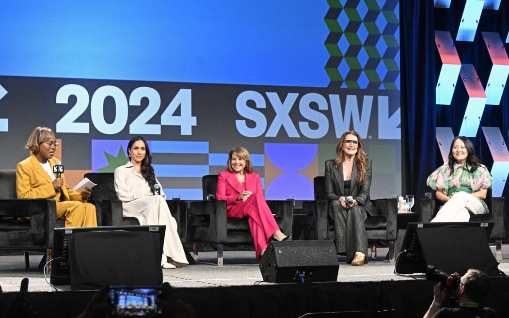 Errin Haines, Meghan, Duchess of Sussex, Katie Couric, Brooke Shields and Nancy Wang Yuen speak onstage during the Breaking Barriers, Shaping Narratives: How Women Lead On and Off the Screen panel during the 2024 SXSW Conference and Festival at Austin Convention Center on March 08, 2024 in Austin, Texas.