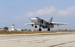 Russian Sukhoi Su-24 bomber taking off from the Hmeimim airbase in the Syrian province of Latakia.