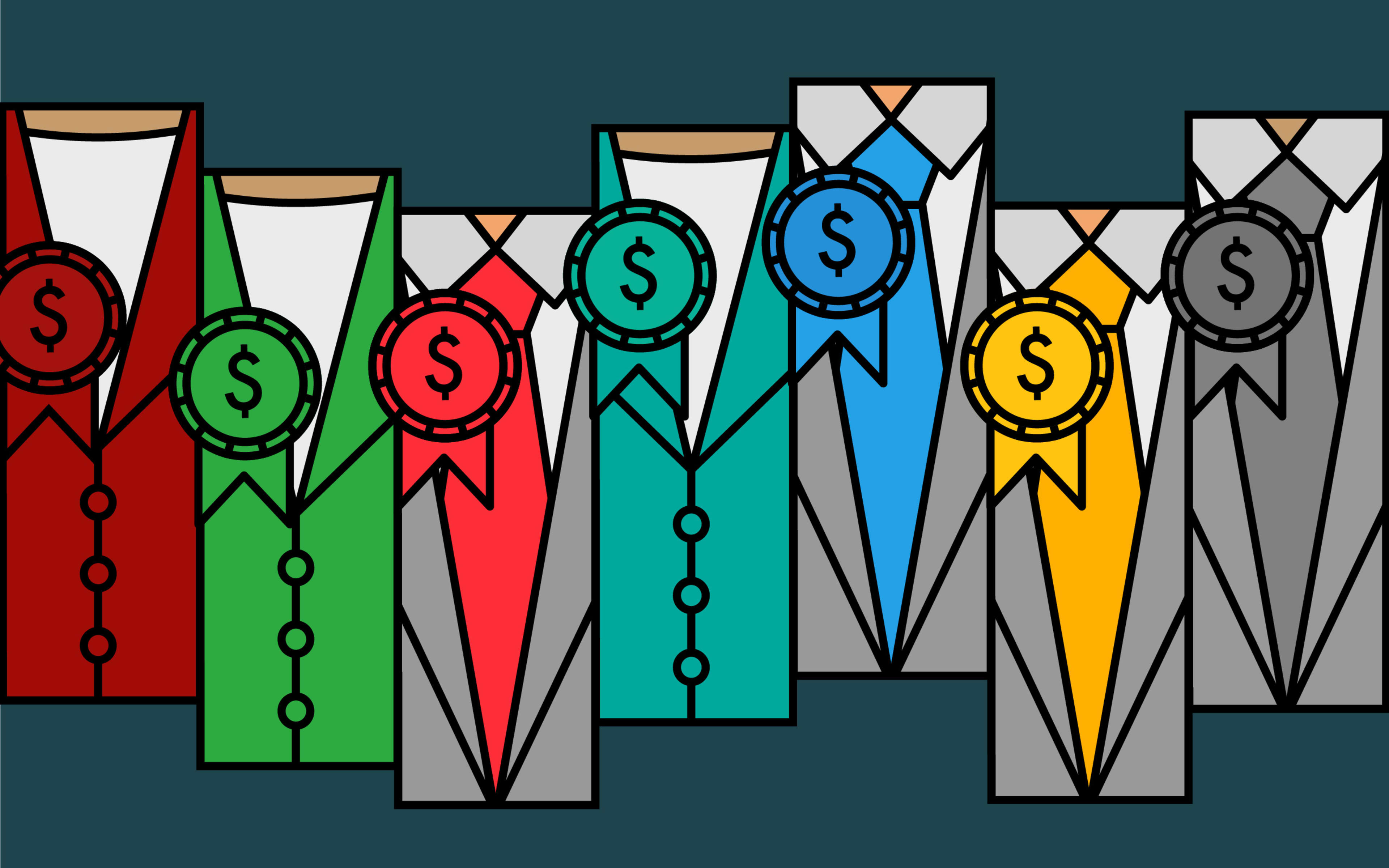 Stylised illustration of suits in political party colours.